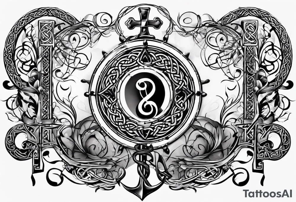 Celtic styling, anchor, compass, bass clef note, treble clef note, dog paw print, half sleeve, forearm tattoo idea