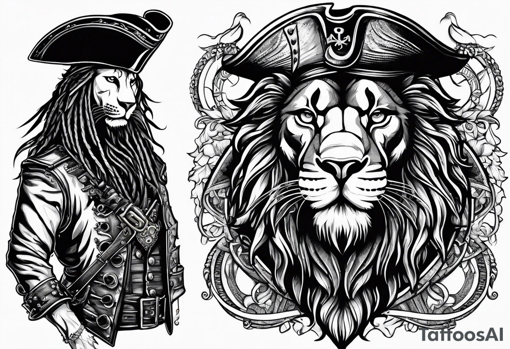 Pirate lion wearing jacket, sword and pistol, nautical steampunk theme. dreadlocks. pirate vessel tattoo idea