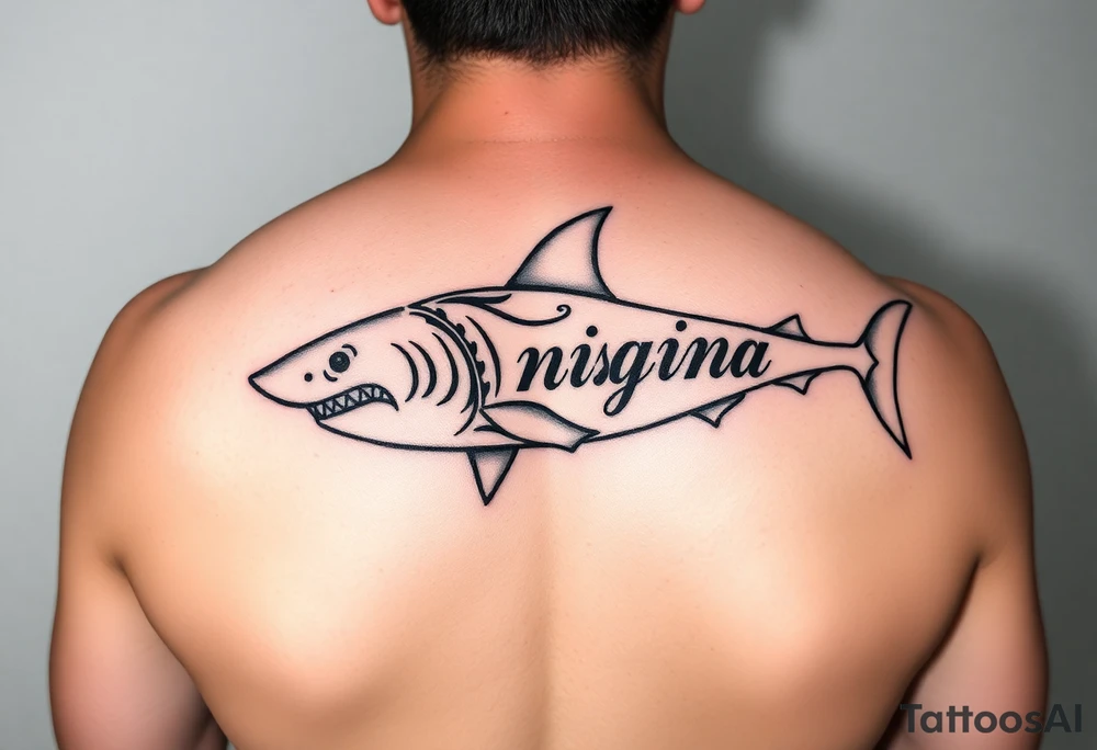 tribal shark with Rangiroa text on the back tattoo idea