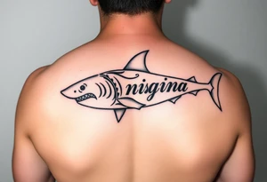 tribal shark with Rangiroa text on the back tattoo idea