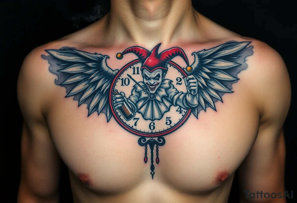 a evil jester clown floating in smoke with a  clock, the time says 420,  with two open wings besides the clock, smoke as the spring rising from the clock, a jester clown coming out the smoke, smoking in one hand with a liquor bottle on the other hand tattoo idea