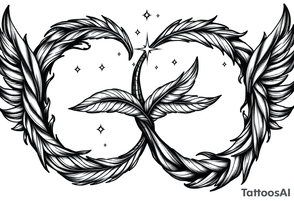 infinity symbol woven with floating feathers and stardust tattoo idea