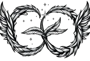 infinity symbol woven with floating feathers and stardust tattoo idea