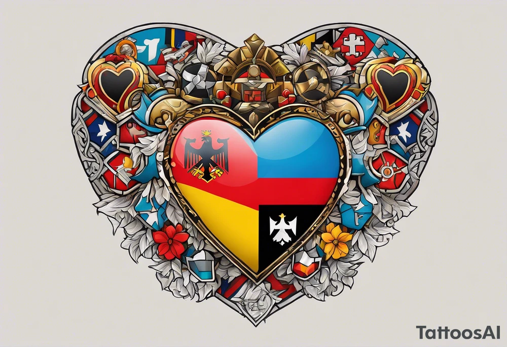 A geometric lined heart encased in the flag of Germany and North Carolina surrounded by characters from Zelda, Final Fantasy 8, and Howel's Moving Castle. tattoo idea