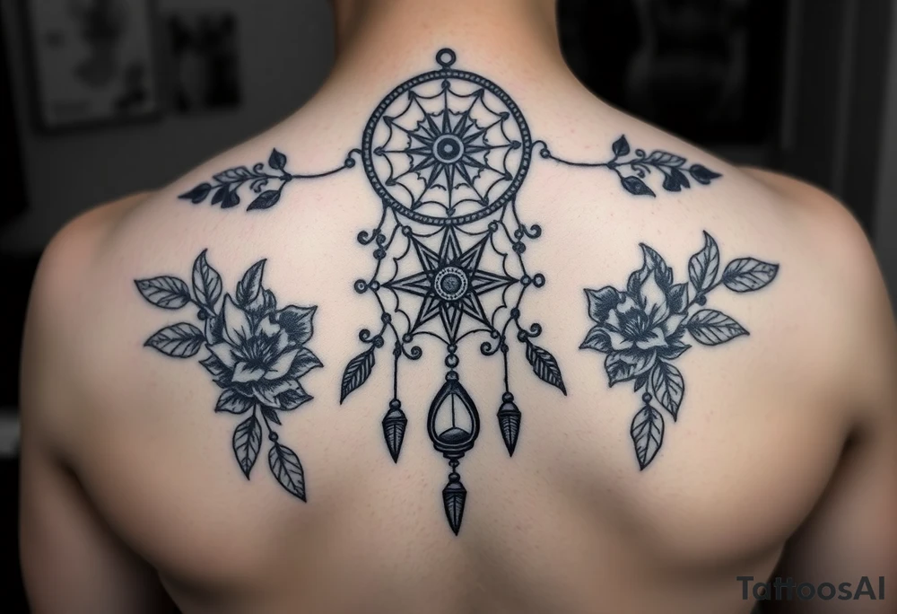 Boho dream catcher with gothic compass and hourglass. Beautiful flowers and an ornamental chandelier like look tattoo idea