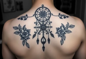Boho dream catcher with gothic compass and hourglass. Beautiful flowers and an ornamental chandelier like look tattoo idea