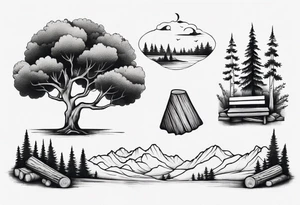 Matching minimalistic Tattoo about a landscape of a tree next to a log bench tattoo idea