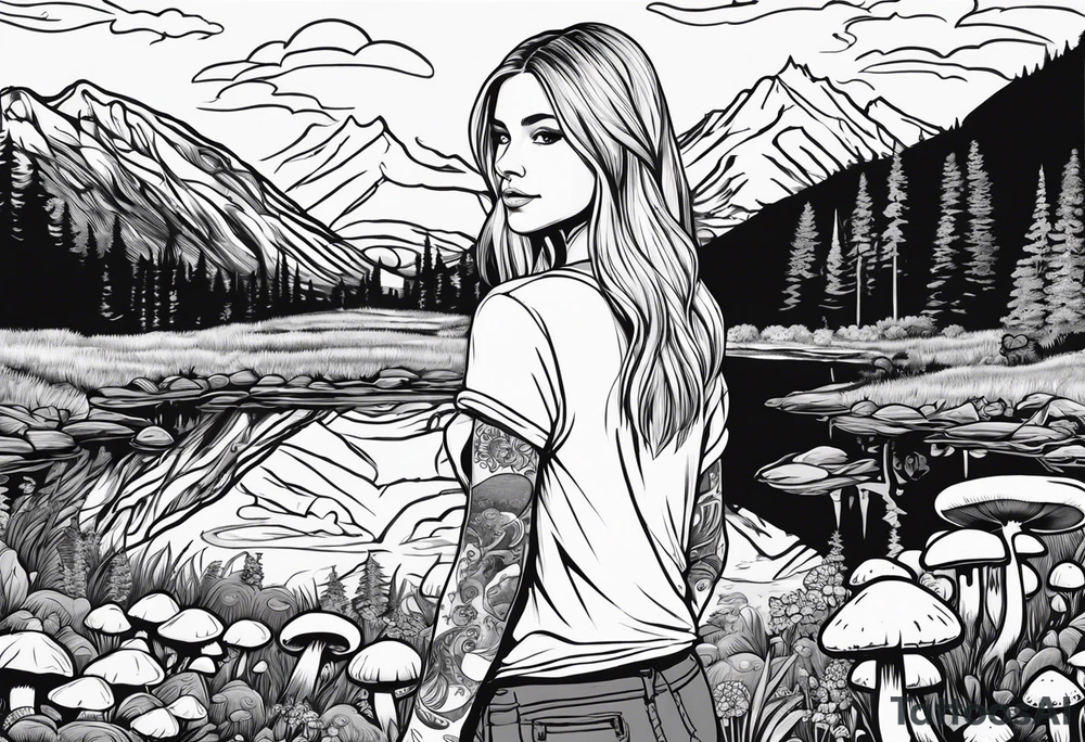 Whole picture encircled fully

Straight long blonde hair hippie girl in distance holding mushrooms in hand facing away toward mountains and creek surrounded by mushrooms long sleeve shirt and hiking pants; whole rendering within a full circle, no cut off circle tattoo idea