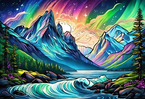 Norwegian fjord with aurora borealis tattoo idea