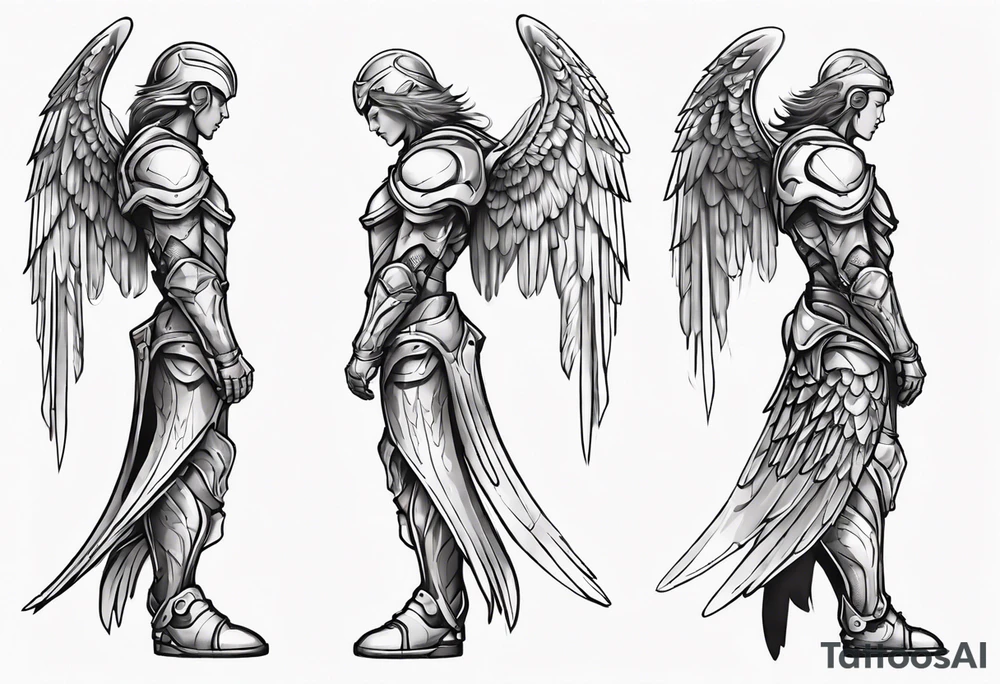 Side view of a good angel wearing inorganic armor that is in mid-air ready to attack tattoo idea