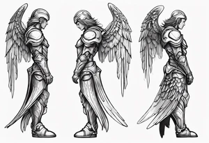Side view of a good angel wearing inorganic armor that is in mid-air ready to attack tattoo idea