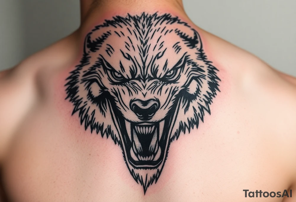 Close-up portrait of a snarling werewolf, sharp teeth bared, glowing eyes. tattoo idea