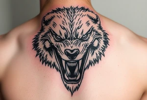 Close-up portrait of a snarling werewolf, sharp teeth bared, glowing eyes. tattoo idea