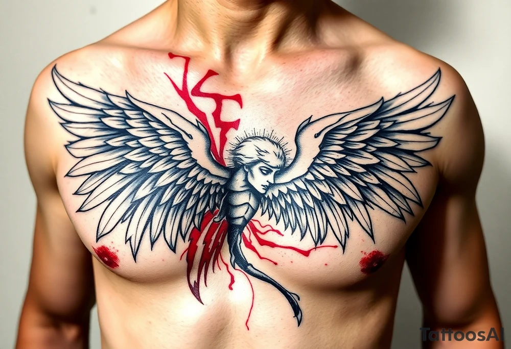 Angel black and red on left chest male tattoo idea