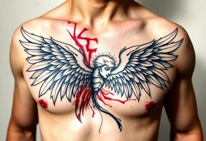 Angel black and red on left chest male tattoo idea