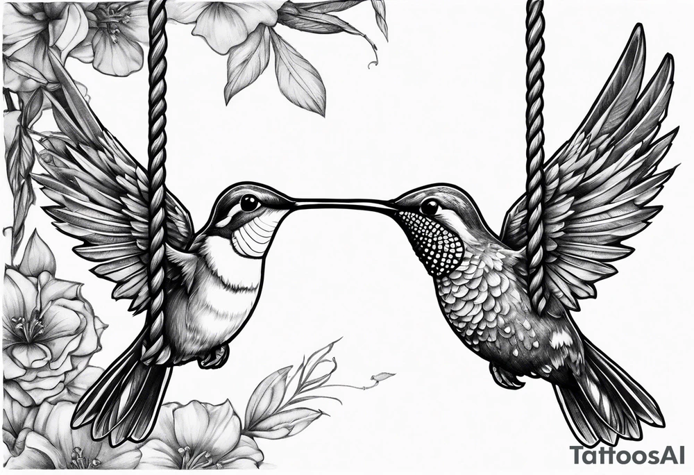 hummingbird with sad angel on swing coming out of tail feathers tattoo idea