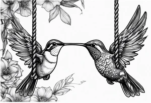 hummingbird with sad angel on swing coming out of tail feathers tattoo idea