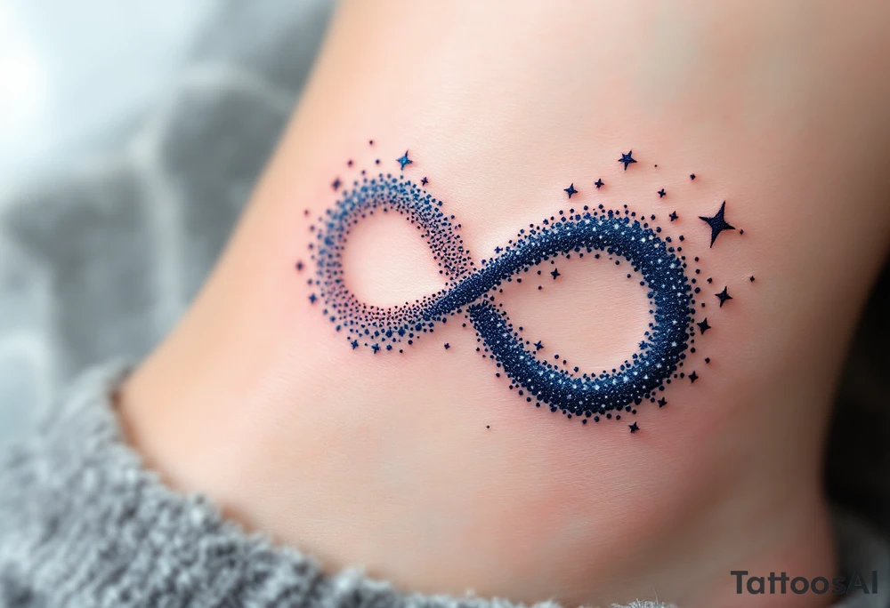 An infinity symbol made of tiny stars, fading from bright white to deep navy blue, creating a dreamy effect. tattoo idea