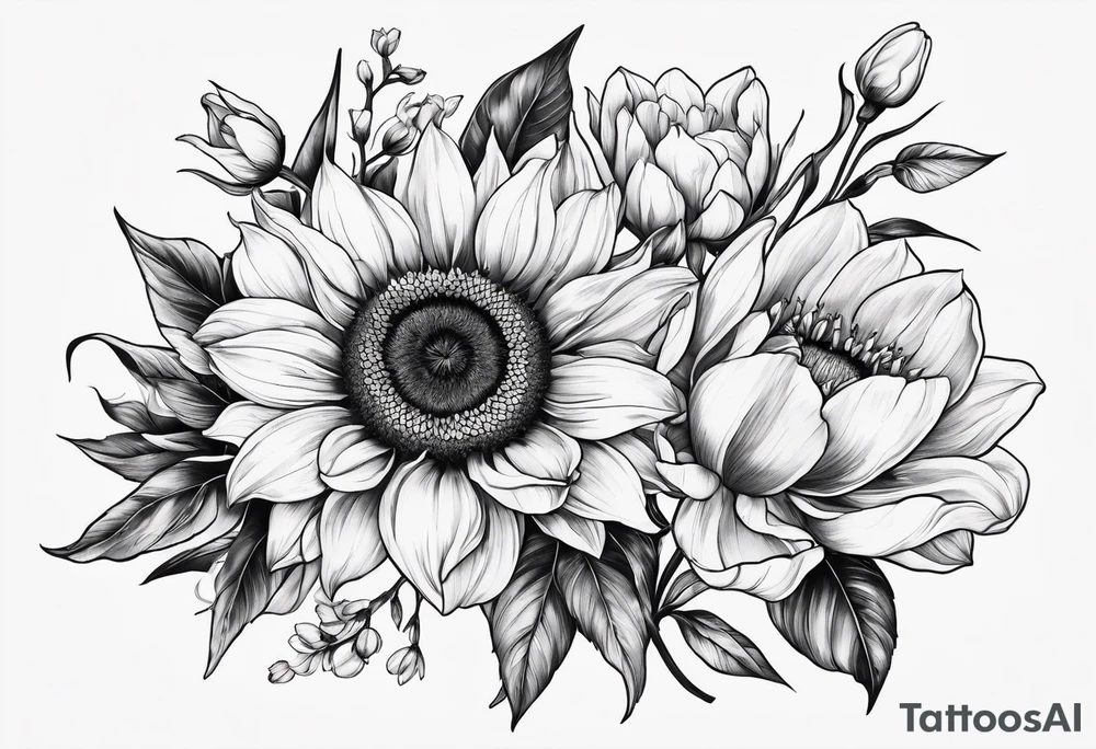 sunflower, lily, peony, cherry blossom and tulip tattoo idea
