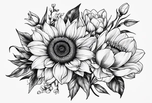 sunflower, lily, peony, cherry blossom and tulip tattoo idea