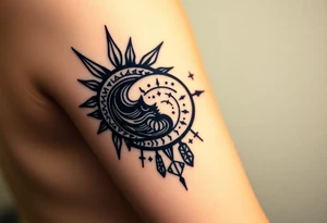 celestial sun and moon embrace with constellation patterns tattoo idea