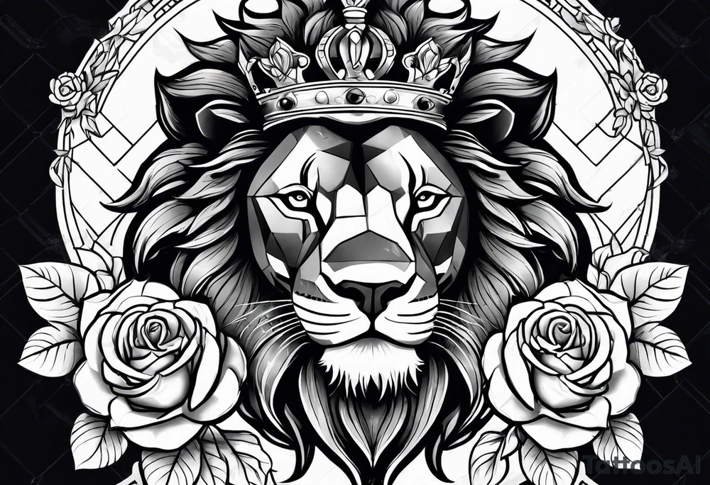 Lion with crown roaring with roses tattoo idea