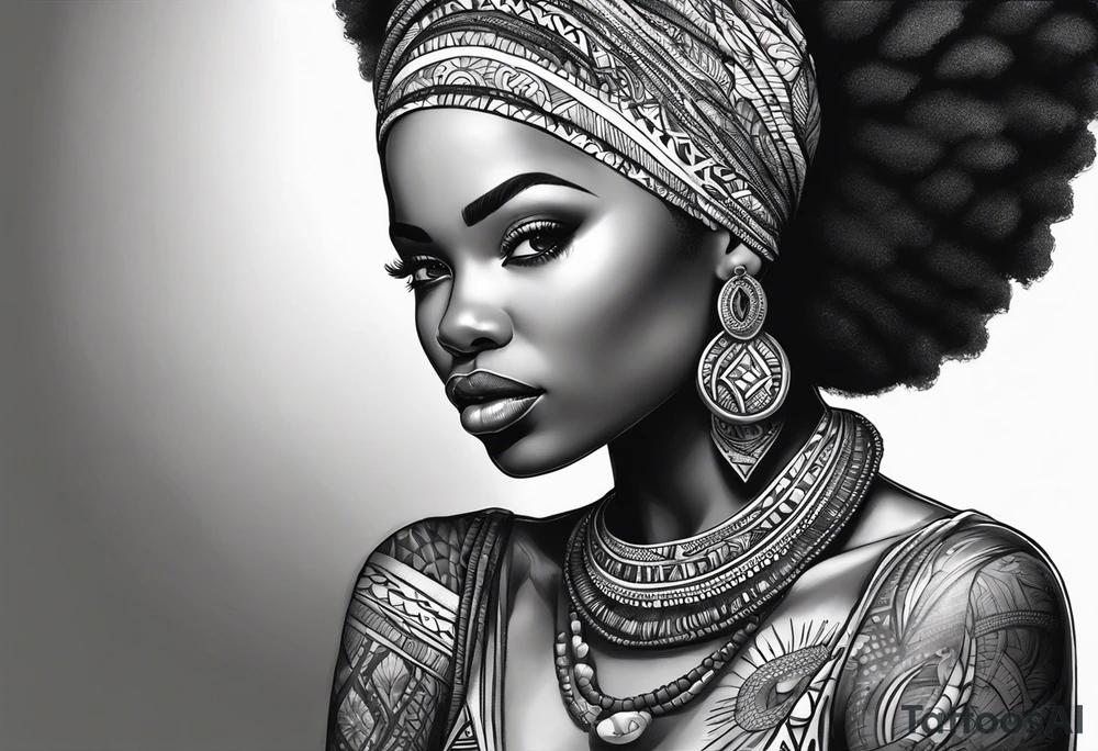 mulher iemanjá africana em preto e cinza com conchas, fundo da imagem com tons de azul tattoo idea