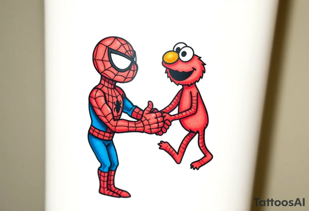 Spider-man and Elmo locking hands for a handshake tattoo idea