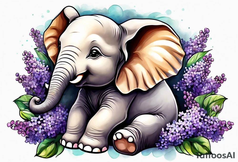 Baby elephant sitting with lilacs in its trunk tattoo idea
