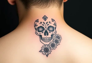 Masculine sugar skull with diamonds and daisy tattoo idea