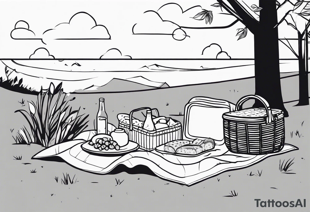 Black and white minimalstic picnic scene in nature. A blanket on the ground with picnic-basket with lid, pillows and party tennants. Thin lines. tattoo idea