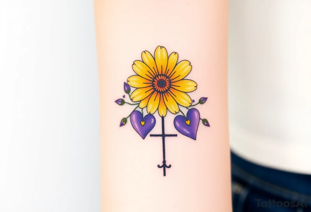 Simple yellow daisy with Purple Hearts & cross tattoo idea