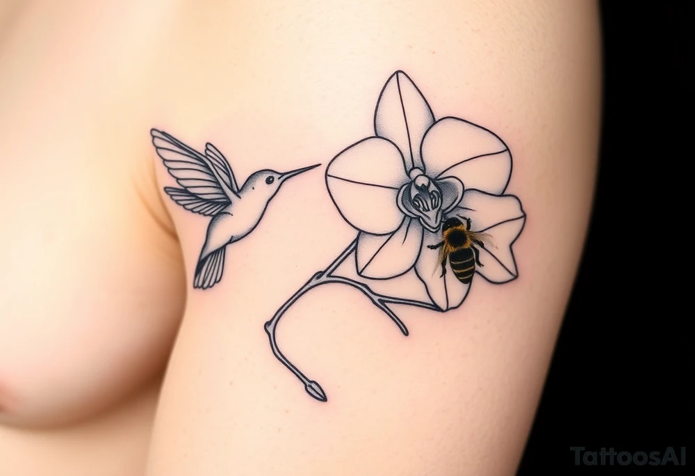 A delicate, black and white fine-line tattoo for male, featuring gracefully detailed 2 orchids in full bloom including their stems, with soft, intricate petals and elegant curves. Beside it, a hummingbird hovers mid-flight, its wings drawn with subtle motion lines, its slender beak reaching toward the orchid’s center to drink its nectar. on the other flower there is a bee that is resting tattoo idea