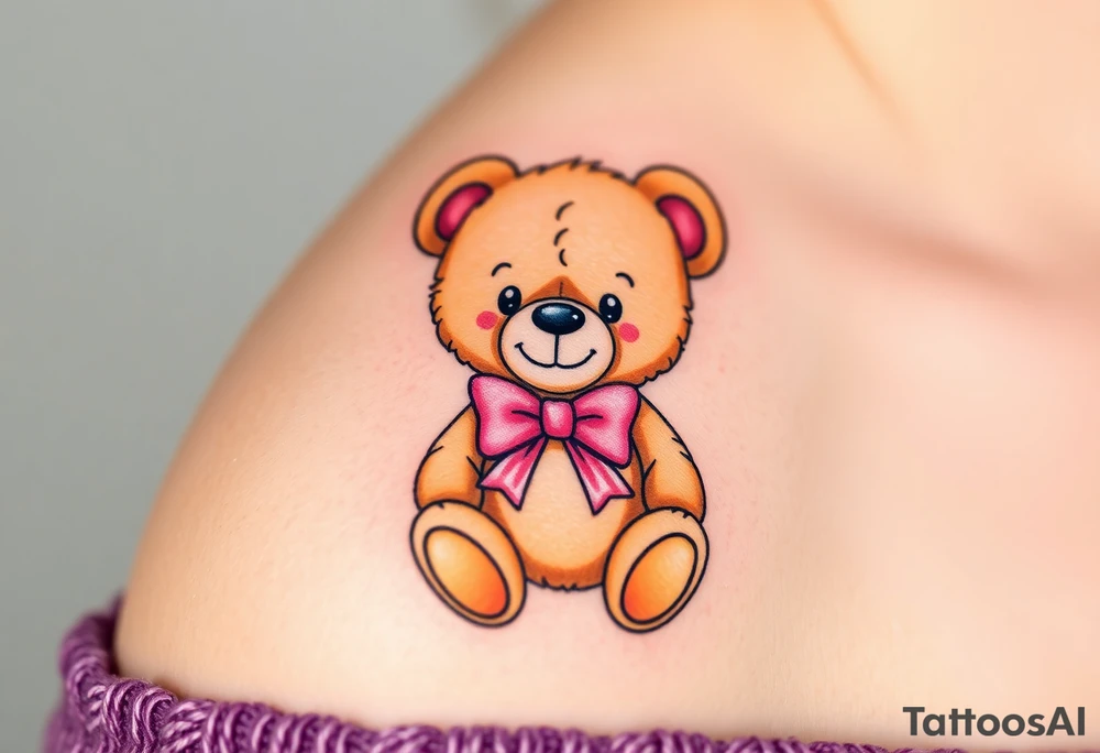 realistic tan teddy bear with a pink bow around its neck tattoo idea