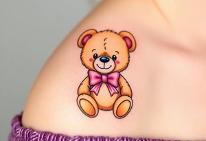 realistic tan teddy bear with a pink bow around its neck tattoo idea