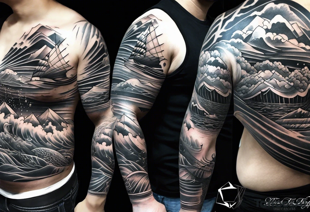 From left shoulder to forearm sleeve tattoo. Fine line geometric, concept design tattoo, ocean thunder fire tattoo idea