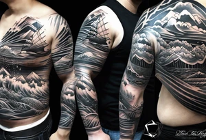 From left shoulder to forearm sleeve tattoo. Fine line geometric, concept design tattoo, ocean thunder fire tattoo idea