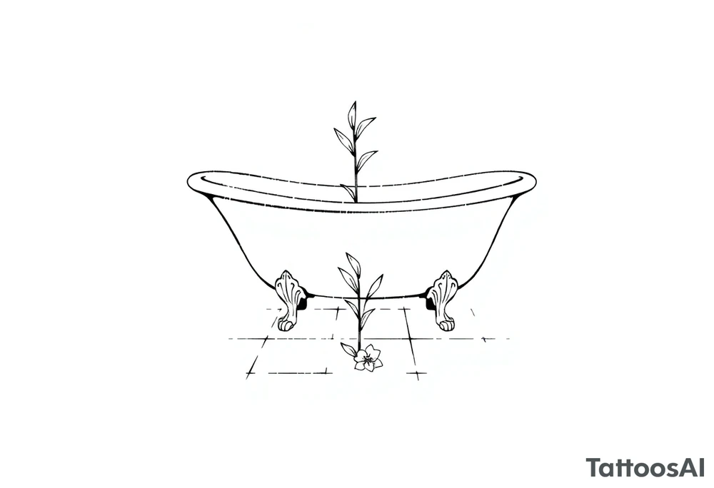 Clawfoot bathtub with lily coming up from tile floor tattoo idea