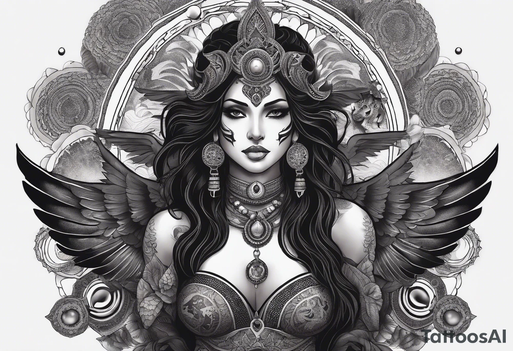 black kali, goddess pirate, alien, angel, pachamama, valkrye, warrior, flying, skull, lotus azul, wing, eagle, zenza resonance, stars, 5D, anahata chakra, death, durga, riding on a tiger, flying lady, kundalini, chest tatoo, samuri, rebel,serpent tattoo idea