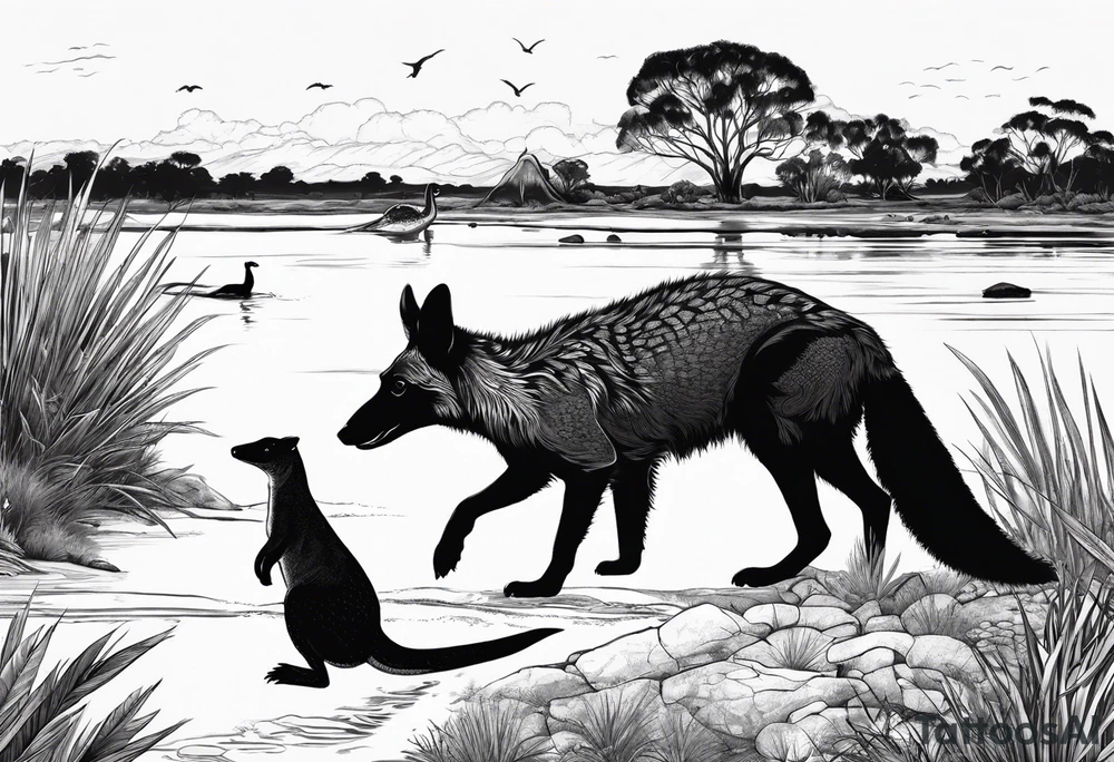 Outback with Uluṟu, a kangaroo, a dingo and an emu. Land meeting ocean with a platypus and a crocodile tattoo idea