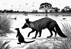 Outback with Uluṟu, a kangaroo, a dingo and an emu. Land meeting ocean with a platypus and a crocodile tattoo idea