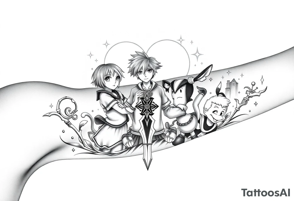 Kingdom Hearts tattoo design featuring sora, kairi, riku, donald and goofy from the game, together in a dynamic, united pose. The centerpiece should include the Heartless Keyblade, with a beautiful and ethereal Kingdom Hearts-inspired background—think glowing stars, floating islands, and stained-glass elements in backroung. The design should capture themes of friendship, light vs. darkness, and adventure. Style should be detailed, fantasy-oriented, and suitable for a large piece tattoo idea