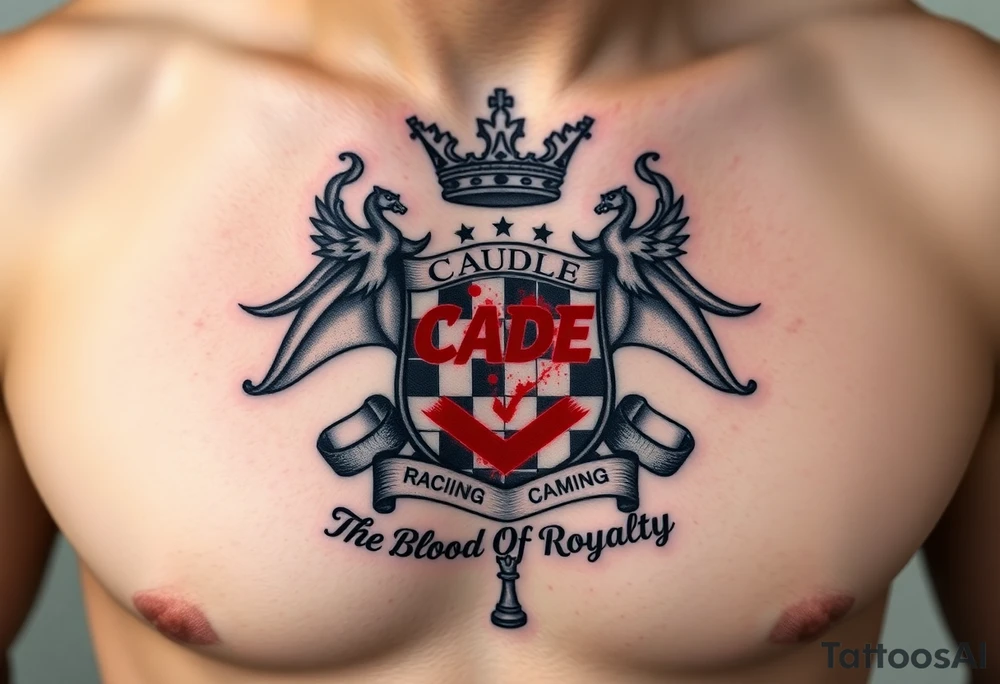 Men Crest  with A king crown on top, CAUDLE written inside red, a chessboard, blood splatter on top of two red racing flags & OTF inside, Smoke surrounding the outside of the crest, & The Words The Blood Of Royalty in red underneath the crest & a King chess piece surrounding the outside of the crest tattoo idea