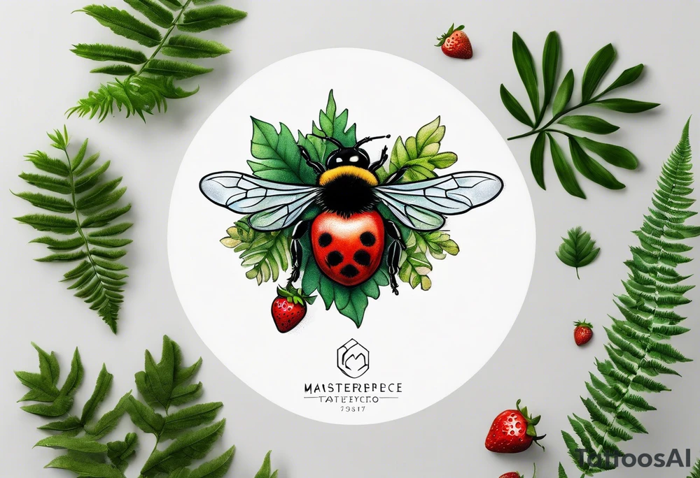 a delicate, minimalistic coloured realistic forest floor inspired tattoo, which must include: grass, ferns as the bulk of the image, small strawberries, a small flying bumblebee over the main image
dead leaves tattoo idea