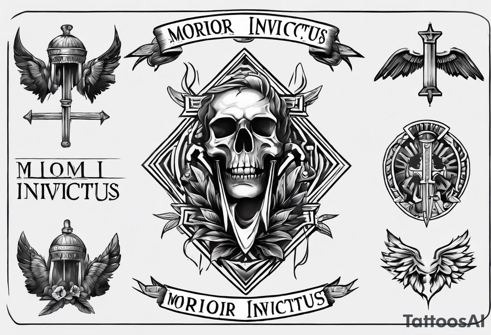 roman font saying "morior invictus" roman style tattoo idea