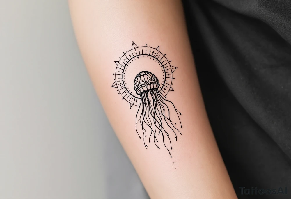 small, minimal fine-line tattoo, single jellyfish, sacred geometry surround, dotwork patterns, jellyfish bell dome, flowing tentacles, trailing streamers, geometric mandala, radiating dotwork, minimalist design, black grey lines, soft shading, no outlines, geometric frame, organic jellyfish form, upper arm shoulder placement, light airy feel, delicate linework, geometric backdrop, clean lines, radiating patterns, simple jellyfish centerpiece, minimalist, psychedelic tattoo idea