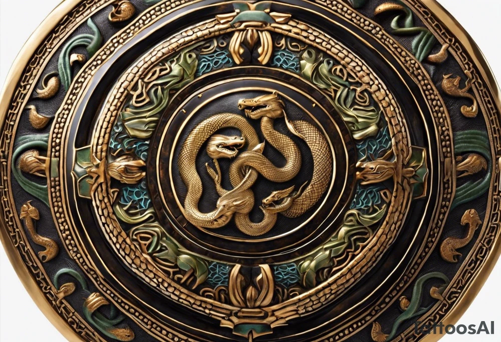 A shield with intricate patterns and engravings, adorned with coiled snakes and scorpions underneath. Rays of light emanate from the shield, signifying spiritual power.Contrast: Bold outlines for the shield and creatures, with detailed patterns.
Detail: Delicately depict the scales of snakes and the segmented bodies of scorpions. tattoo idea