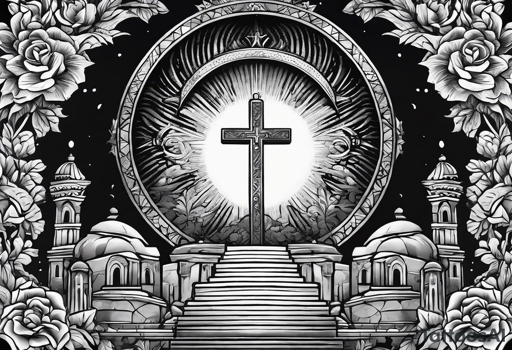 Tomb with cross and sun in the background tattoo idea