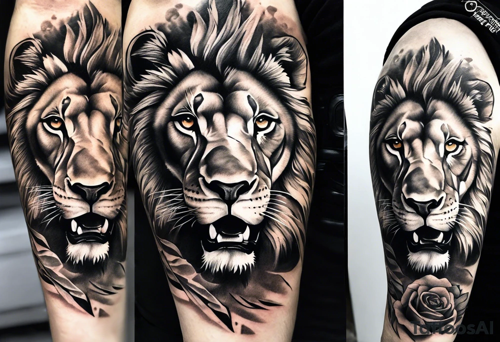 Full sleeve tattoo depicting a large lion with one blind eye with a scar going through the eye, protecting his lioness while they both also protect 6 lion cubs. Background should depict a safari scene tattoo idea