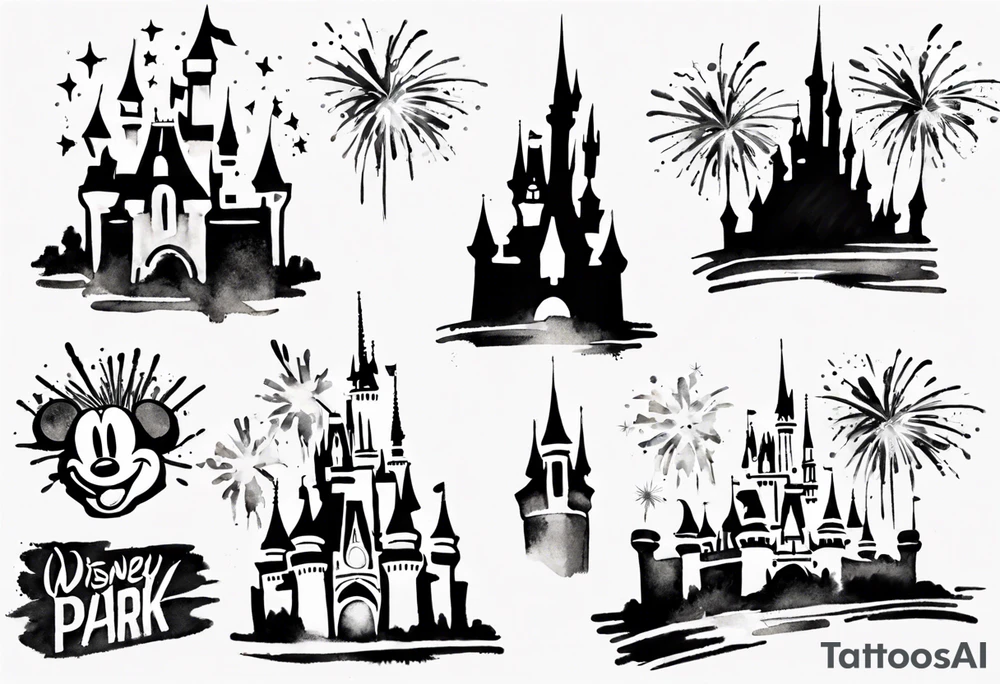 Disney park icon in black and white with watercolor fireworks behind. Watercolor should be green, yellow, and purple. tattoo idea
